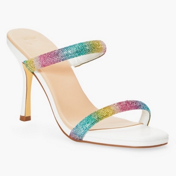 NIB Pastel Rainbow Rhinestone Sandal Heels - Picture 8 of 8